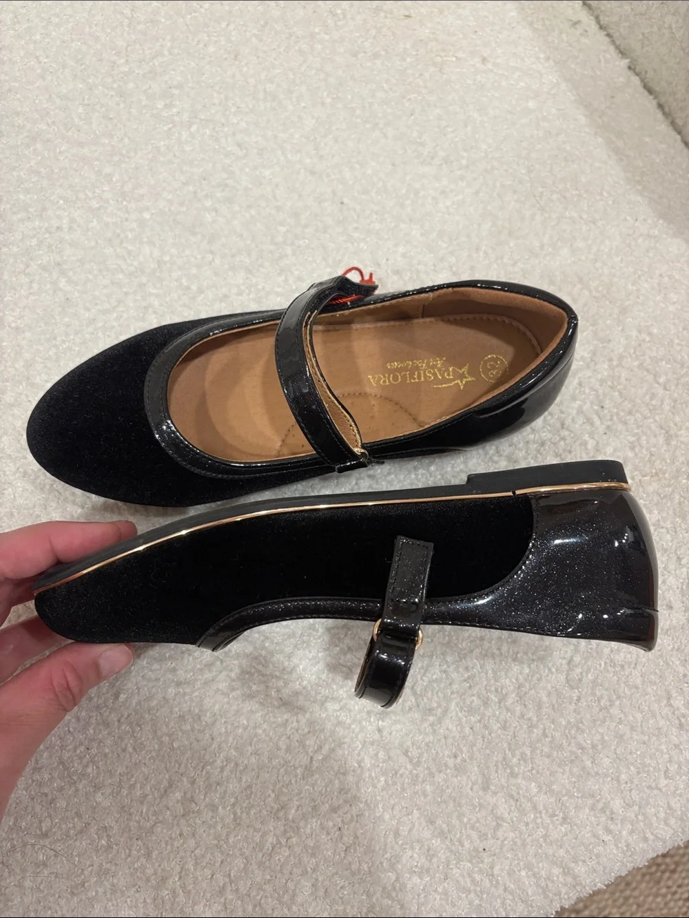 Pasiflora black Mary Jane Dress Shoes with Glossy shimmer back & Strap